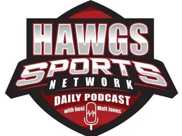 Hawgs Sports Network Daily Podcast logo featuring bold lettering and a microphone icon