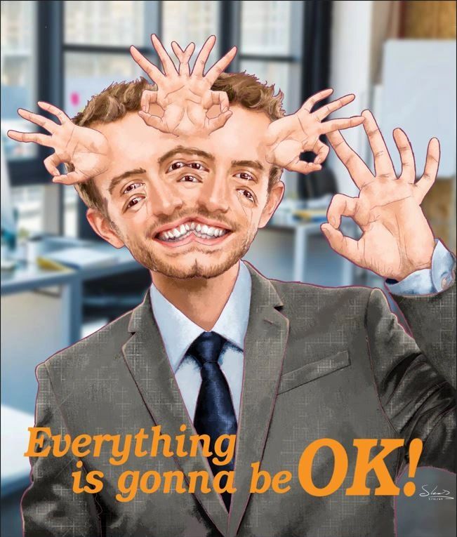 Distorted man in a suit with text saying everything is gonna be OK.