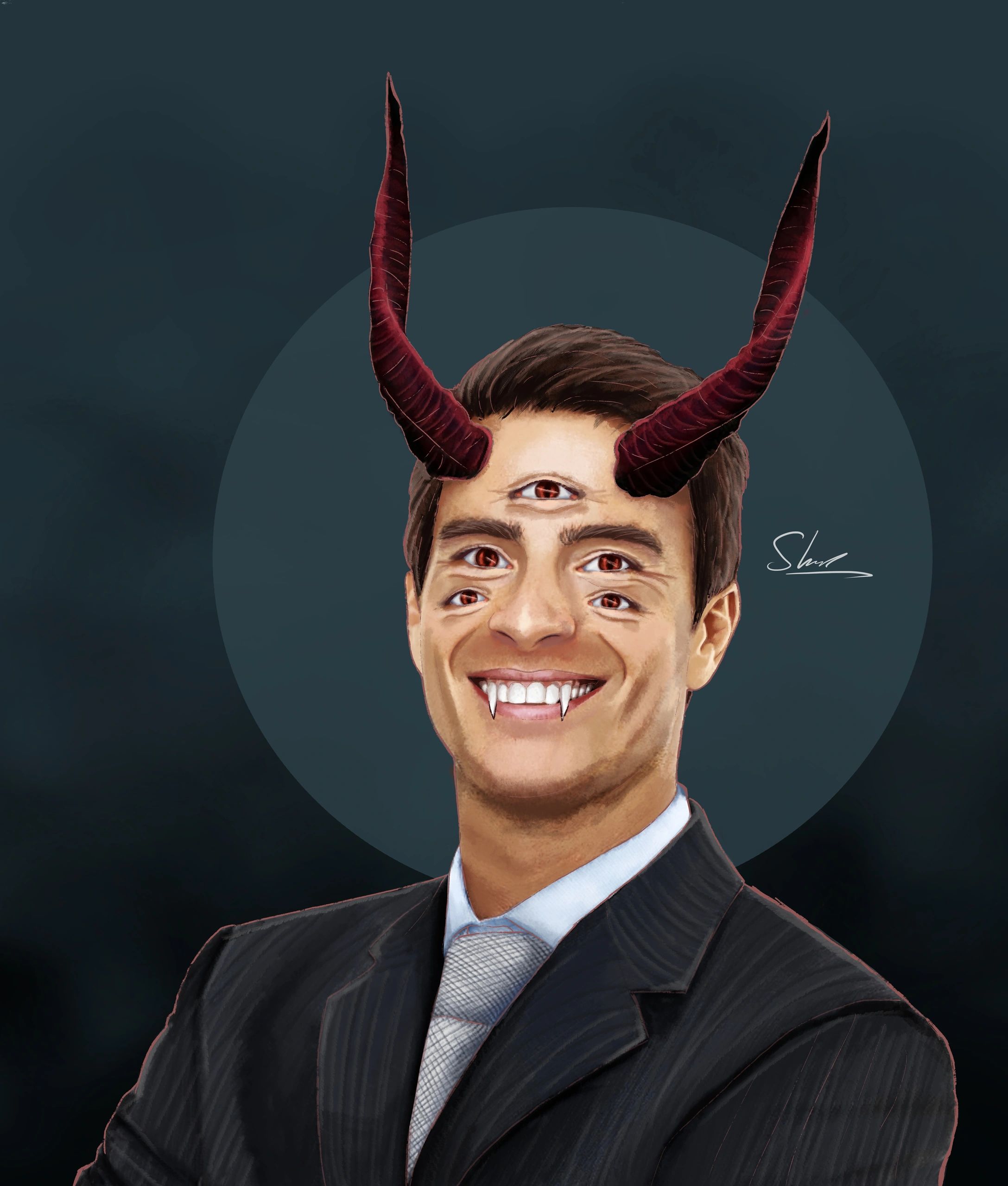 Man with four eyes, fangs, and large red horns.
