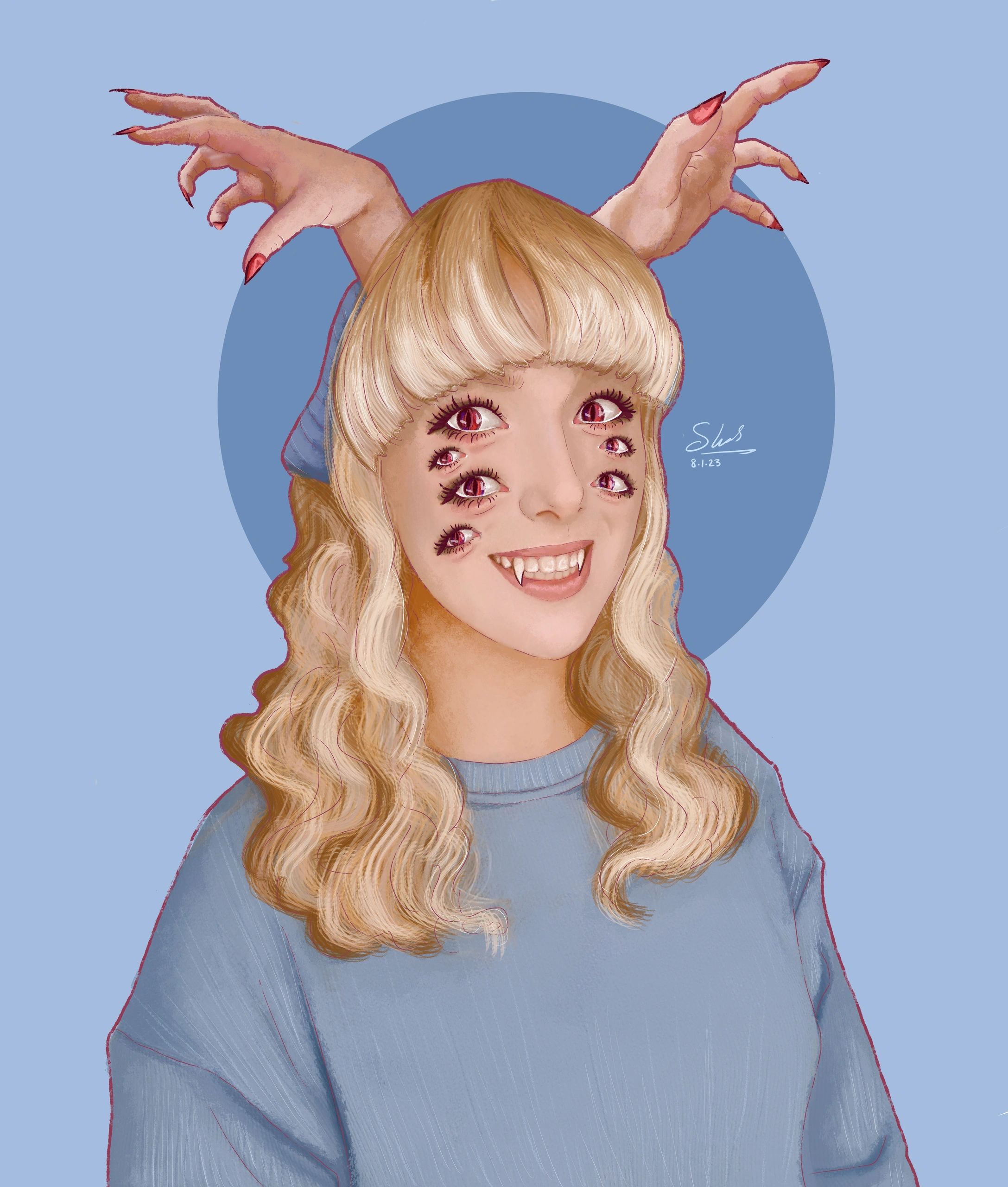 Surreal portrait of a smiling girl with multiple eyes and hands as horns.