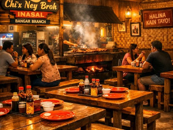 Cozy Filipino barbecue restaurant with diners and grilling area.