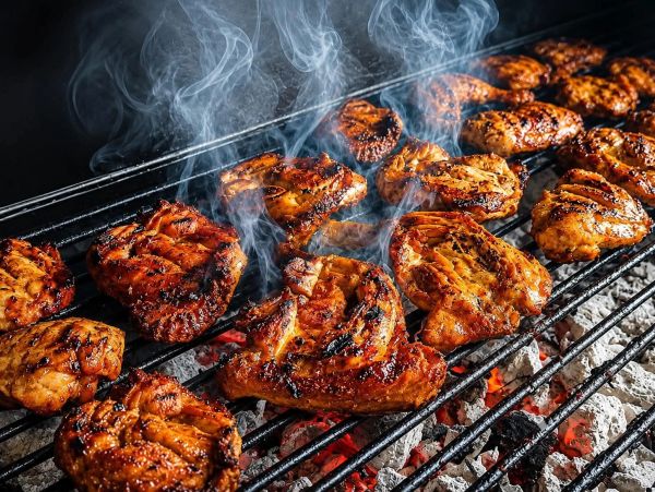 Grilled chicken pieces smoking on a barbecue grill.