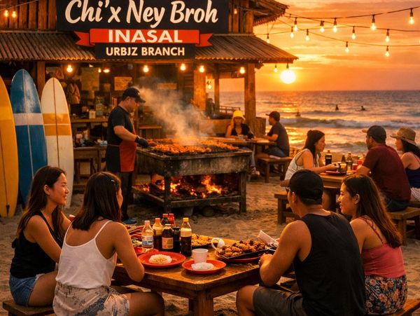 People dining at a beachfront restaurant during sunset.