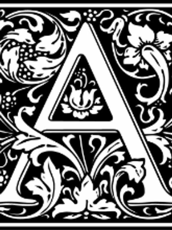 Decorative letter 'A' with intricate floral patterns in black and white.