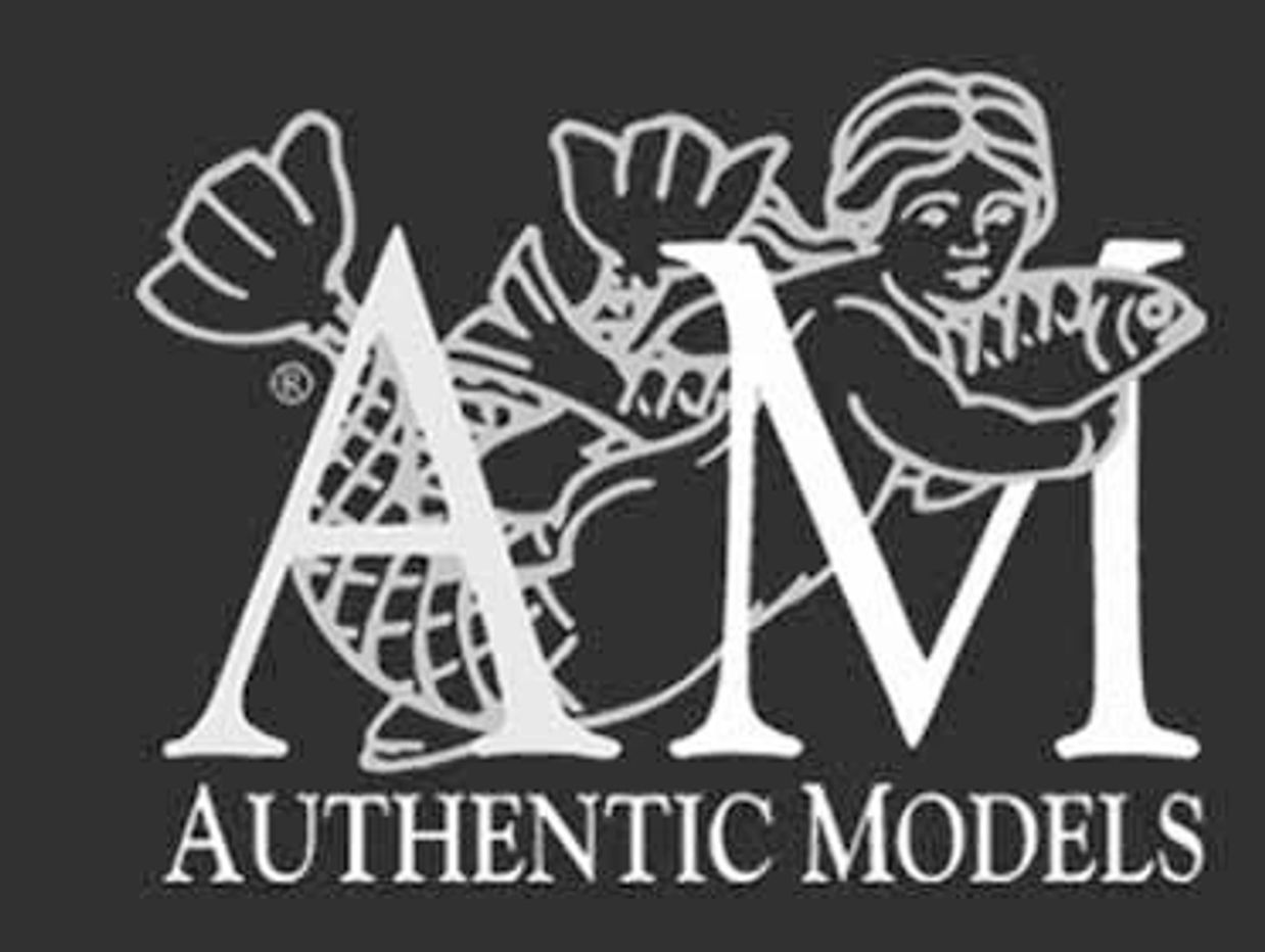 Logo of Authentic Models featuring a mermaid holding a fish.