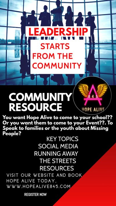 Community resource flyer promoting Hope Alive for schools and events.