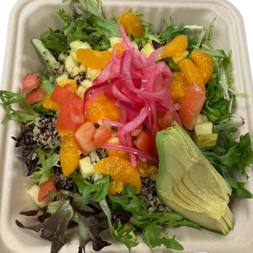 Fresh salad with avocado, mandarin oranges, tomatoes, and pickled onions.