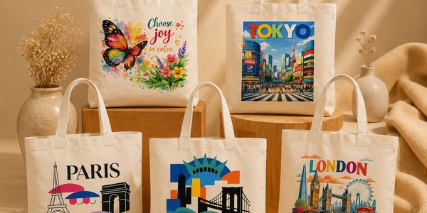 Set of canvas tote bags with colorful city, nature design and handmade tote bags from the rural artisan communities in Asia.