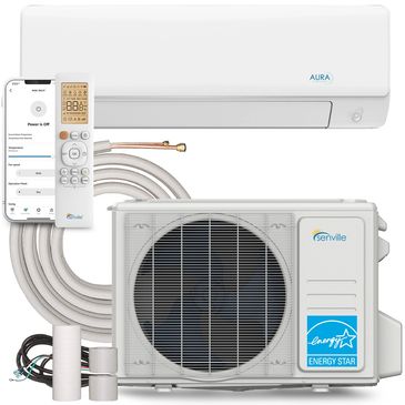 Aura brand air conditioner set with remote and app control.