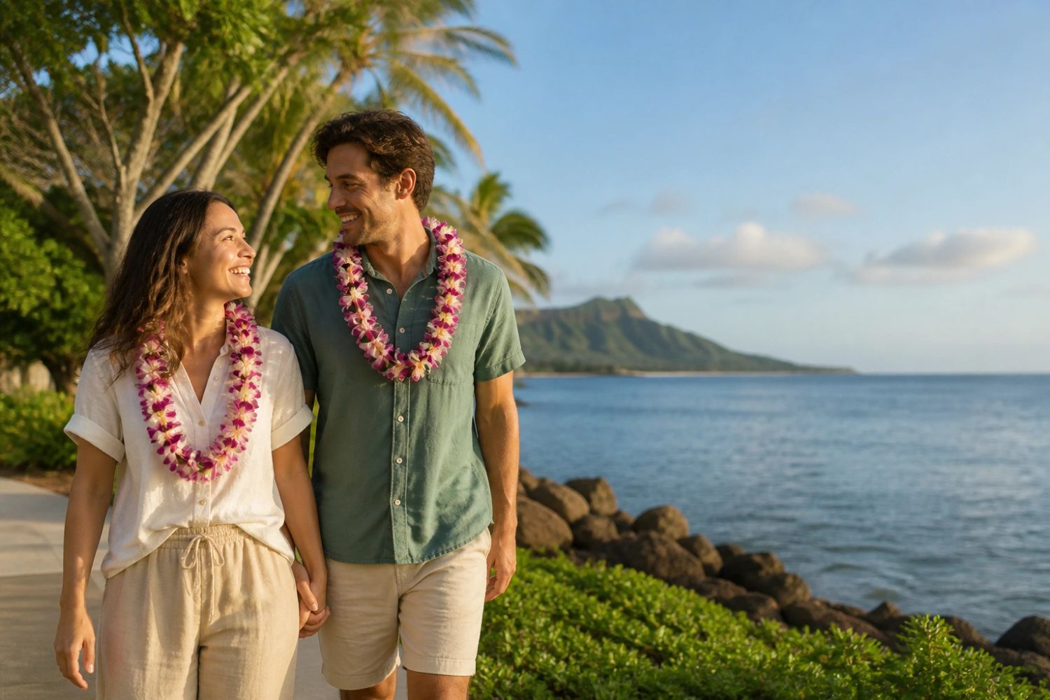 Couple wearing fresh orchid leis beside the ocean in Hawaii