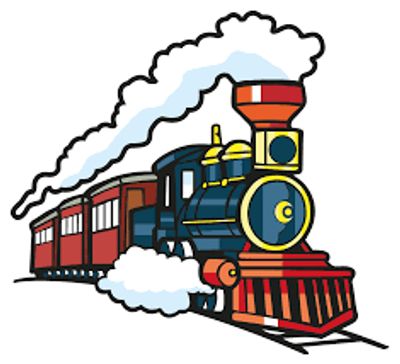 Colorful cartoon steam locomotive with smoke and carriages.