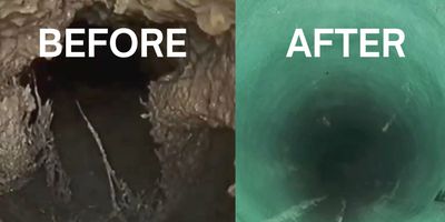 clogged sewer cleaned out, before and after sewer line cleaning, seattle piepeworks, outdoor plumber