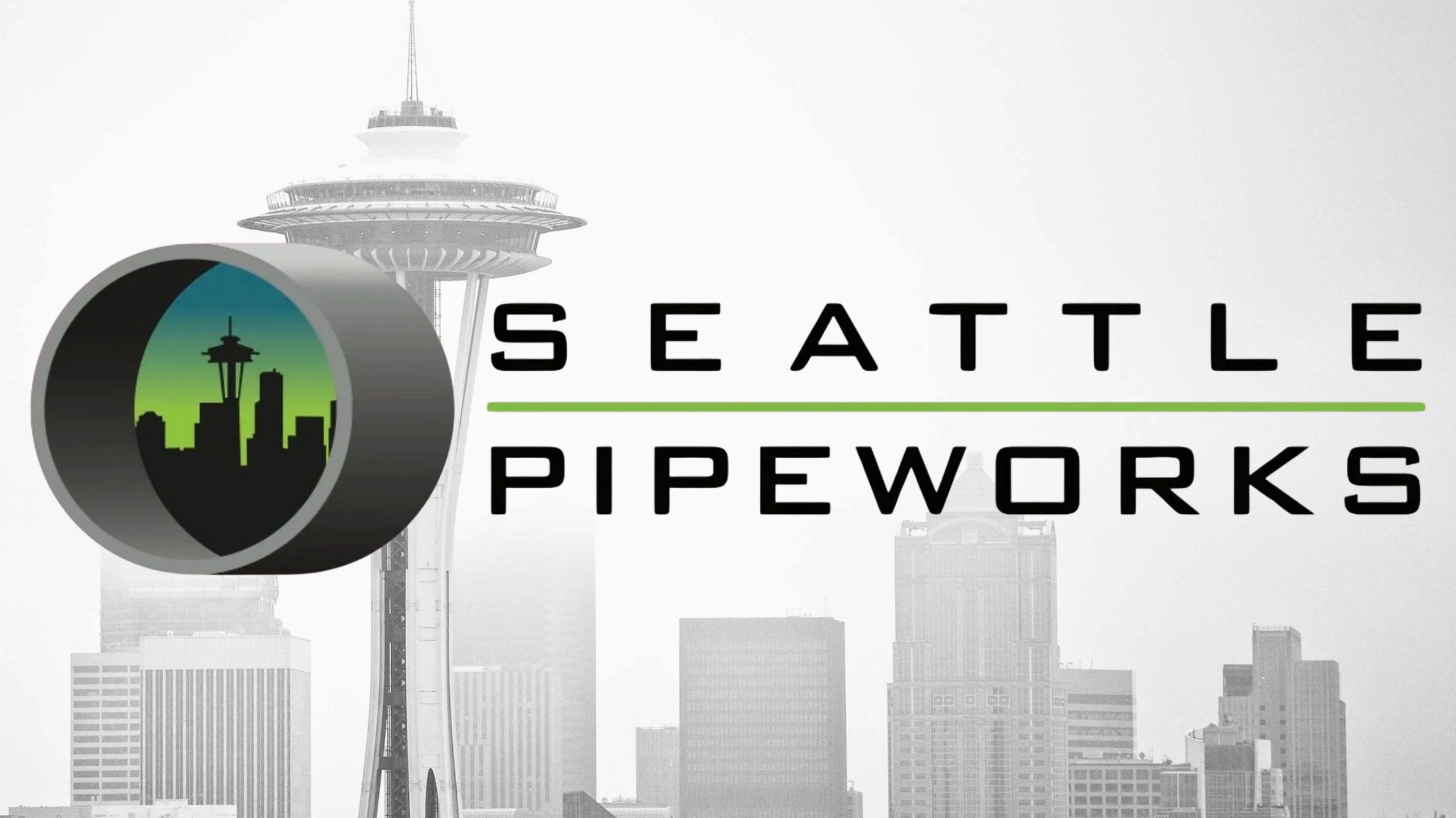 Seattle Pipeworks banner image. Seattle pipeworks logo, seattle skyline, seattle pipeworks header