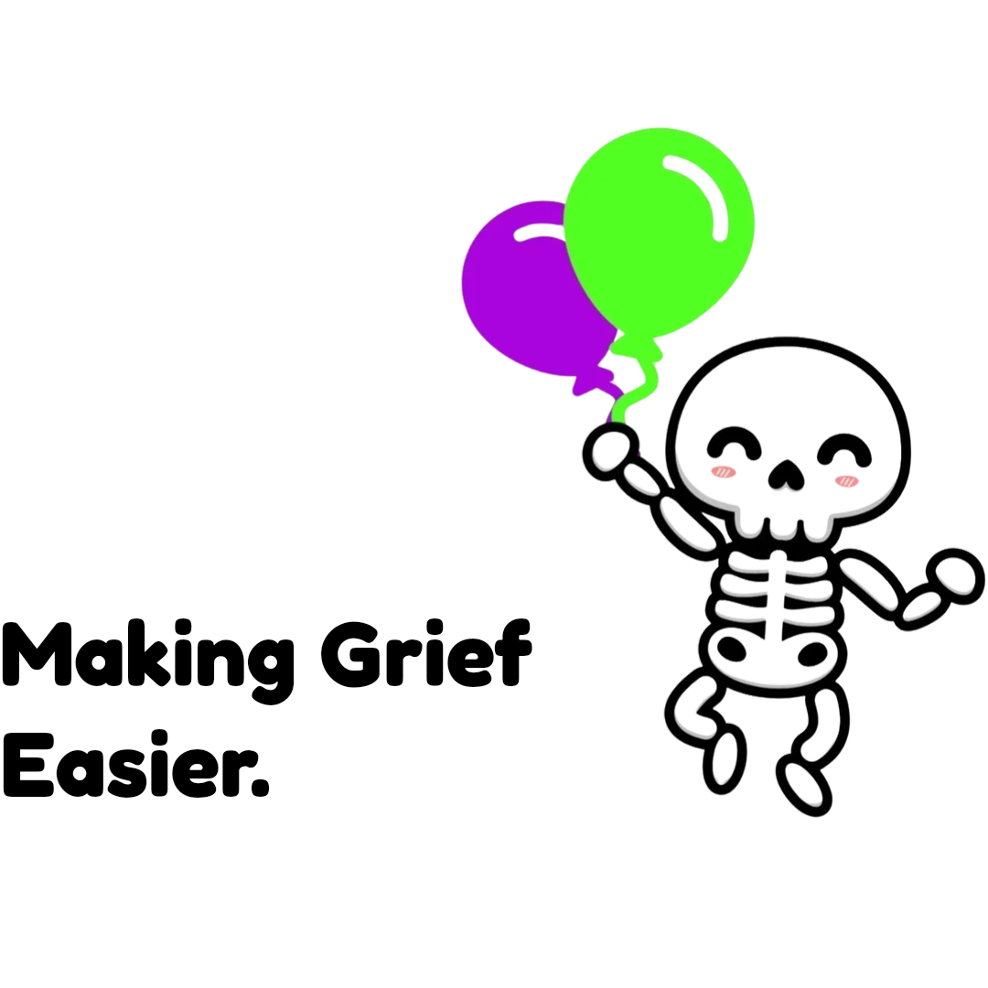 A friendly skeleton holding balloons - a purple one and a green one