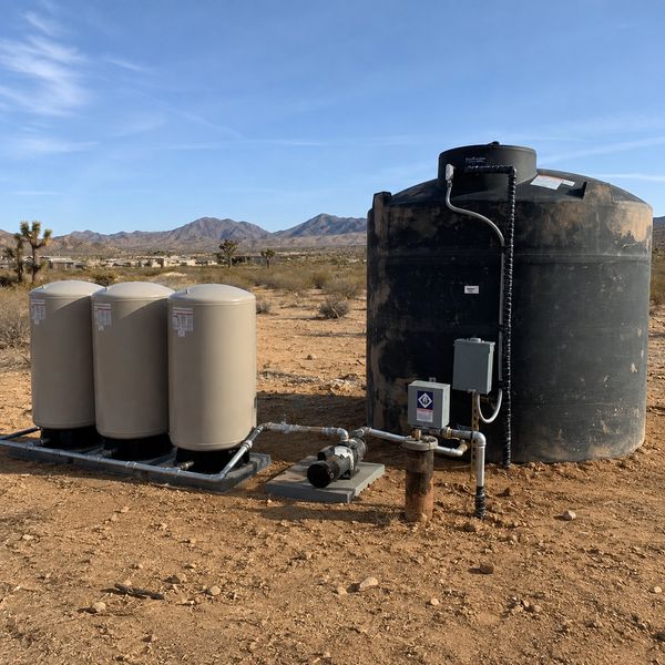 Water storage and filtration setup in a desert area.