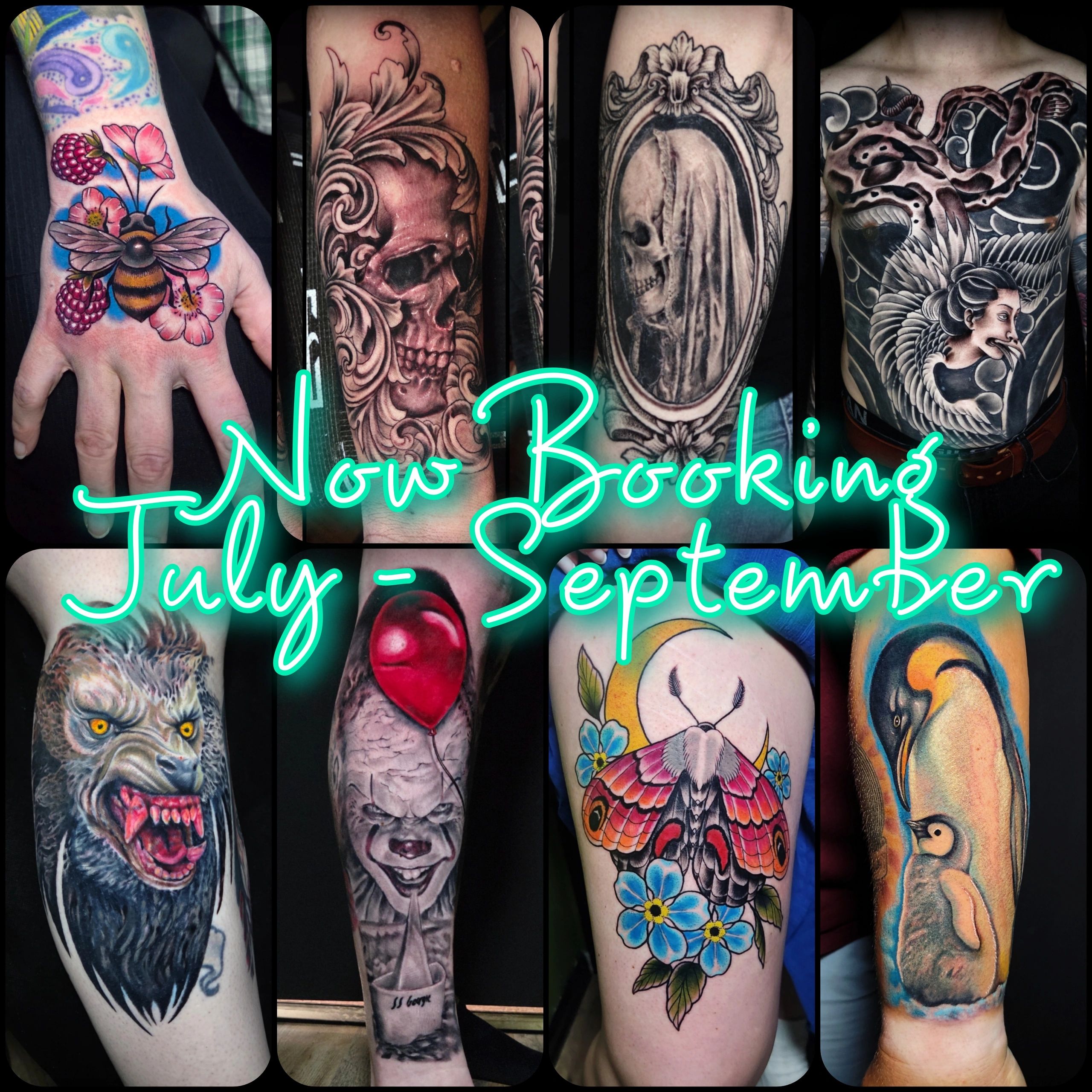 Collage of vibrant and detailed tattoos featuring animals, flowers, skulls, and iconic characters.