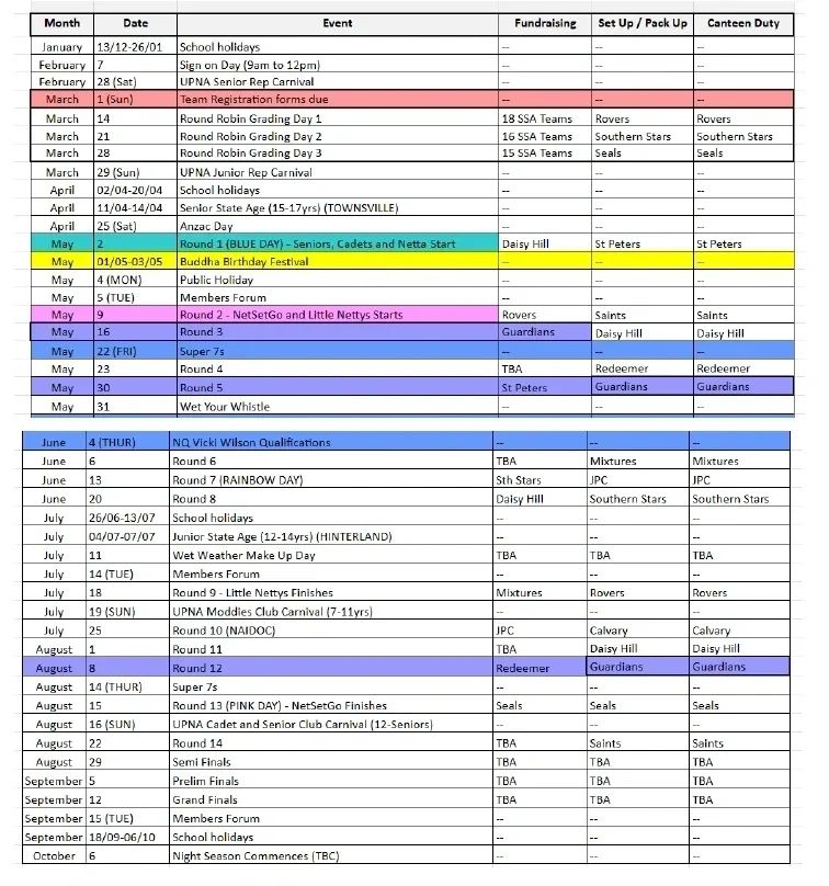Color-coded monthly event schedule with fundraising, setup, and canteen duties.