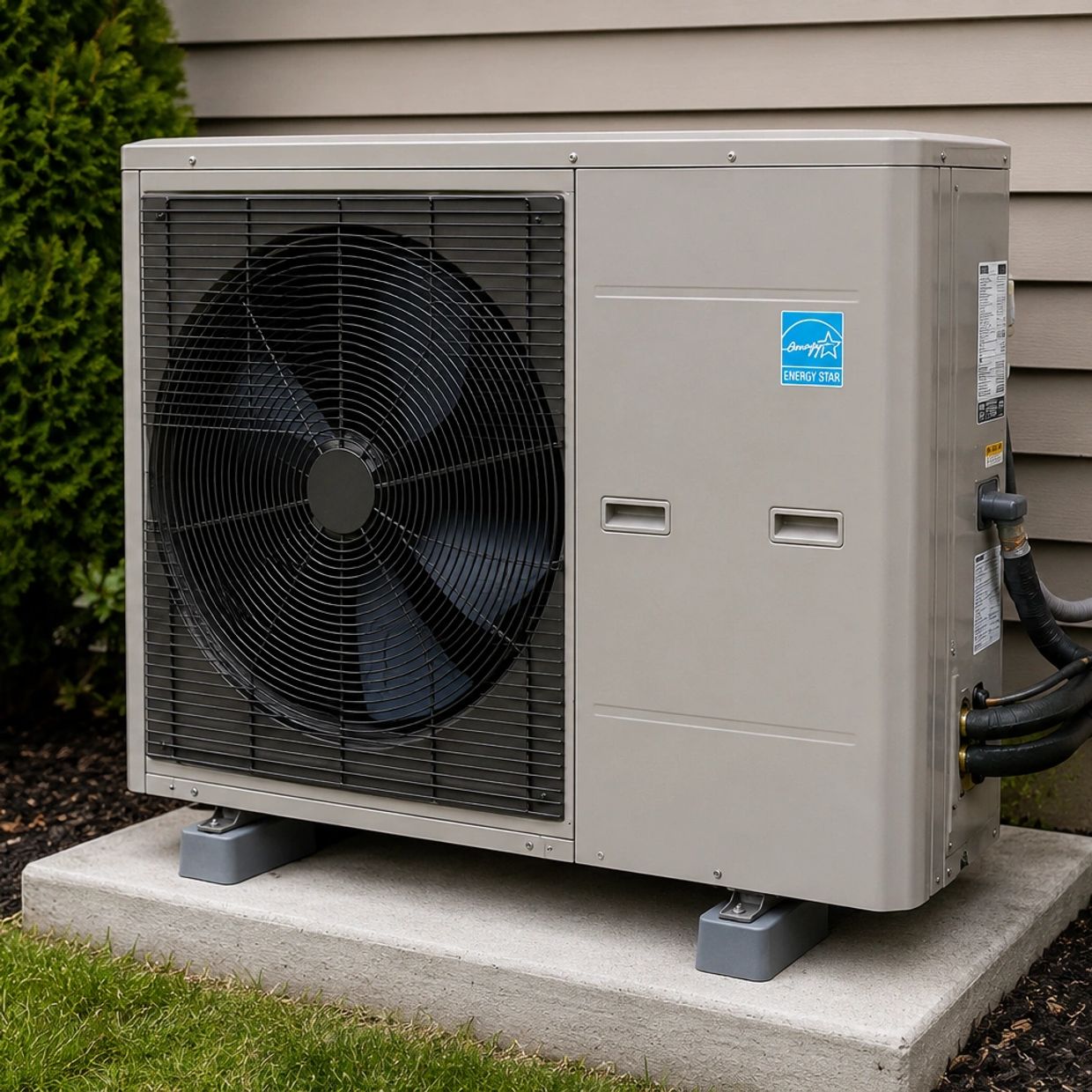 Outdoor air conditioning unit with Energy Star label on a concrete slab.