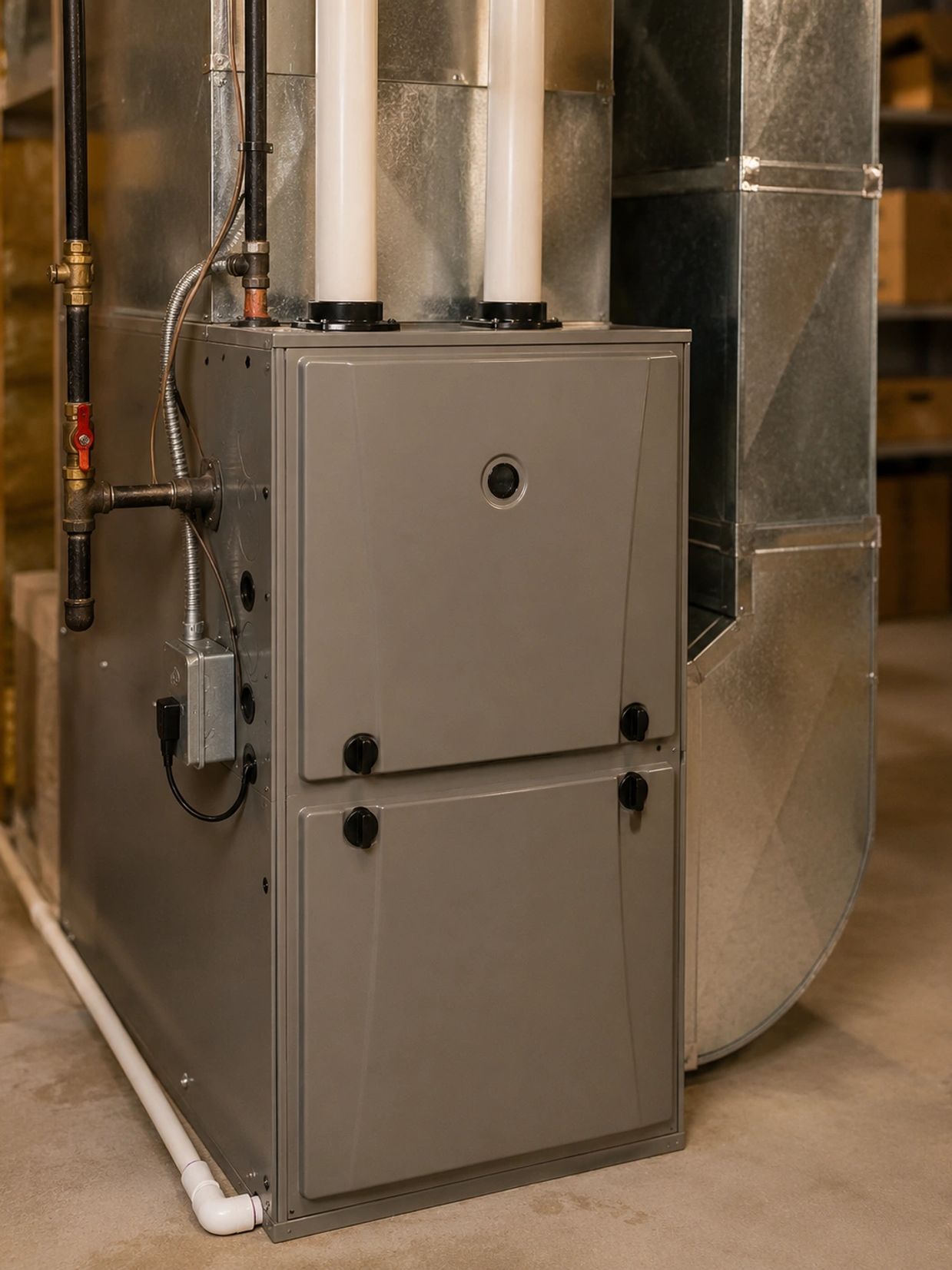 A modern furnace system installed in a basement.