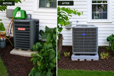 Before and after images of an HVAC unit replacement outside a house.