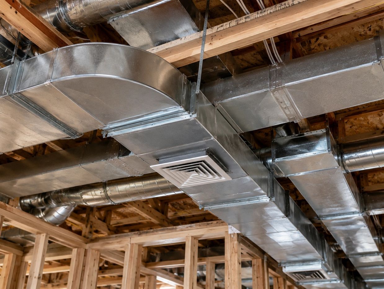 Exposed HVAC ductwork in an unfinished building ceiling.