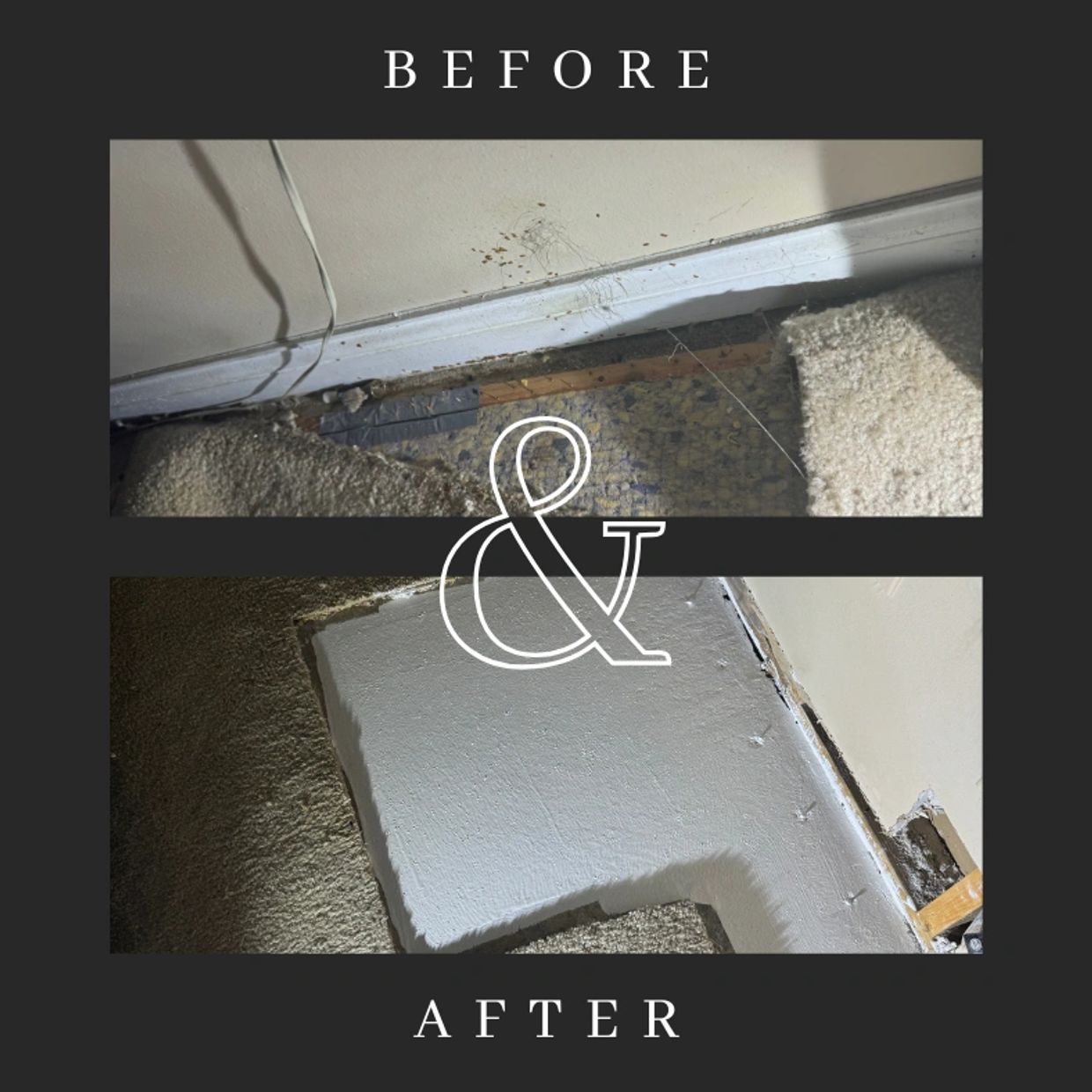 Before and after image of a decomposition clean-up. The 'before' side shows a room with visible evid