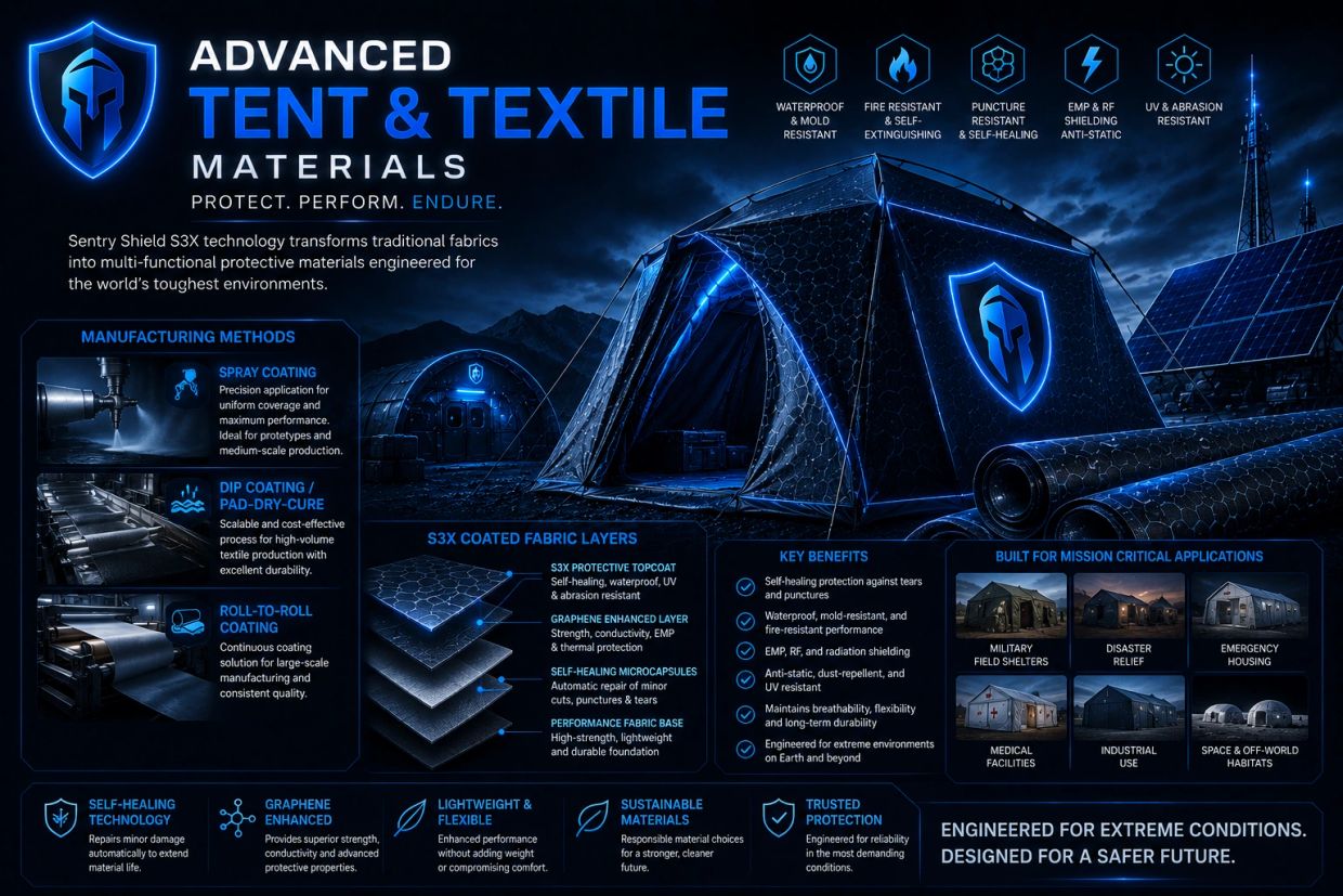 Advanced S3X tent fabric offers waterproof, fire-resistant, self-healing, and EMP shielding features for extreme environments.