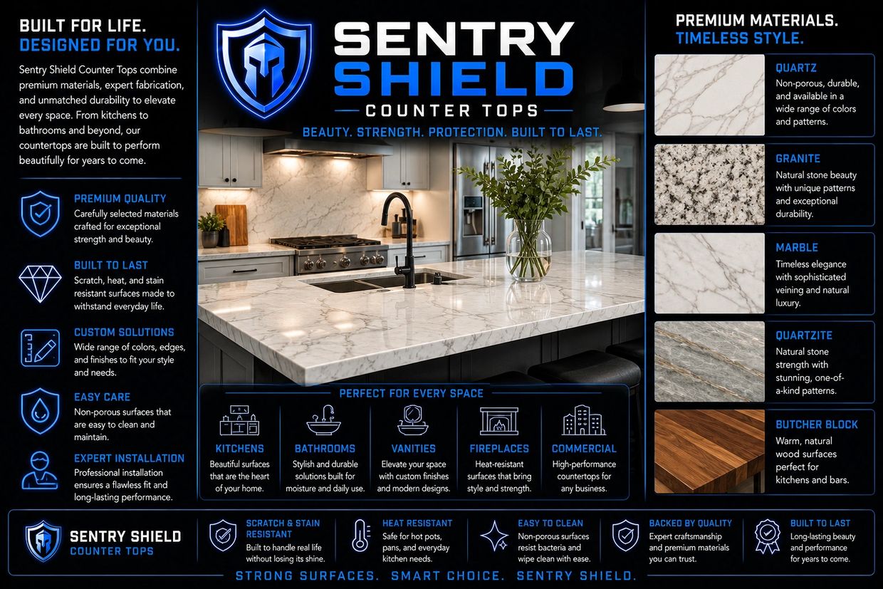 Sentry Shield Counter Tops offer durable, stylish surfaces for kitchens and bathrooms.