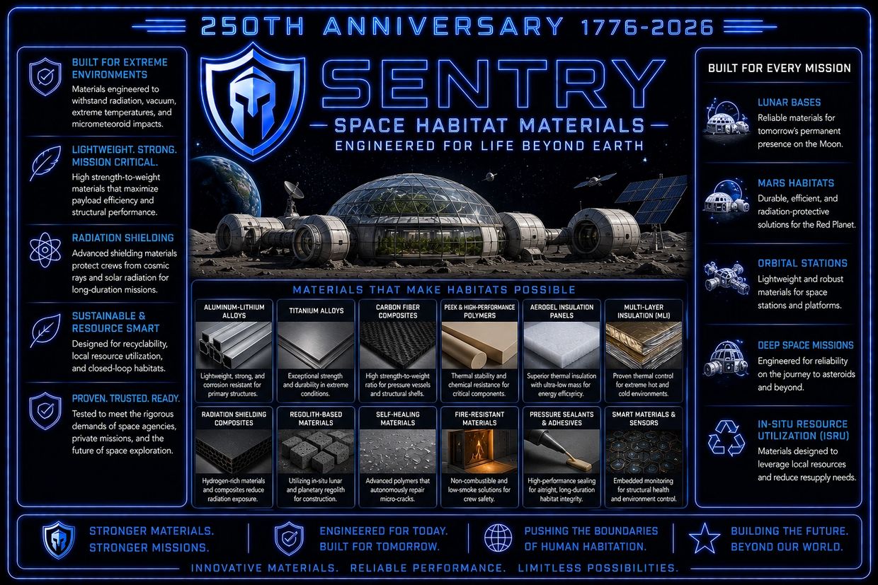 Infographic about Sentry space habitat materials for extreme environments and space missions.