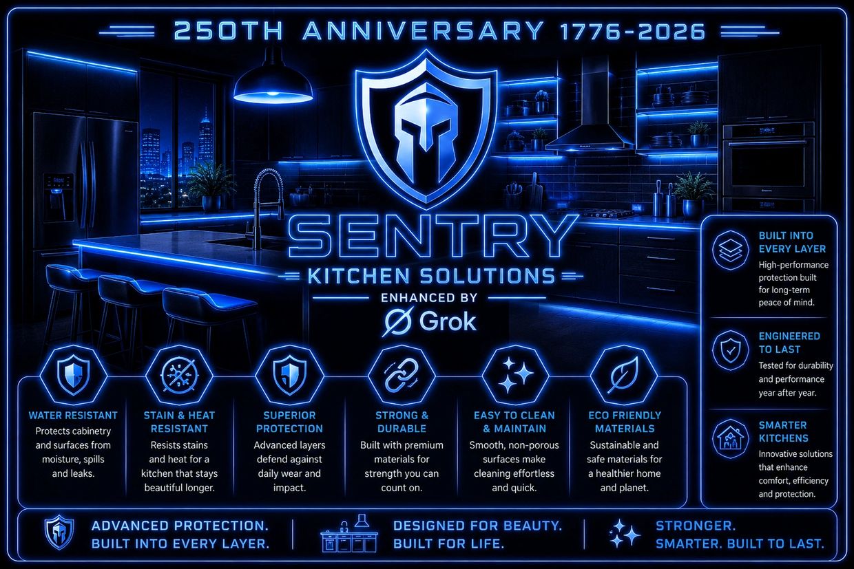 Neon-themed ad showcasing Sentry Kitchen Solutions' durable, stain-resistant, and eco-friendly kitchen protection features.