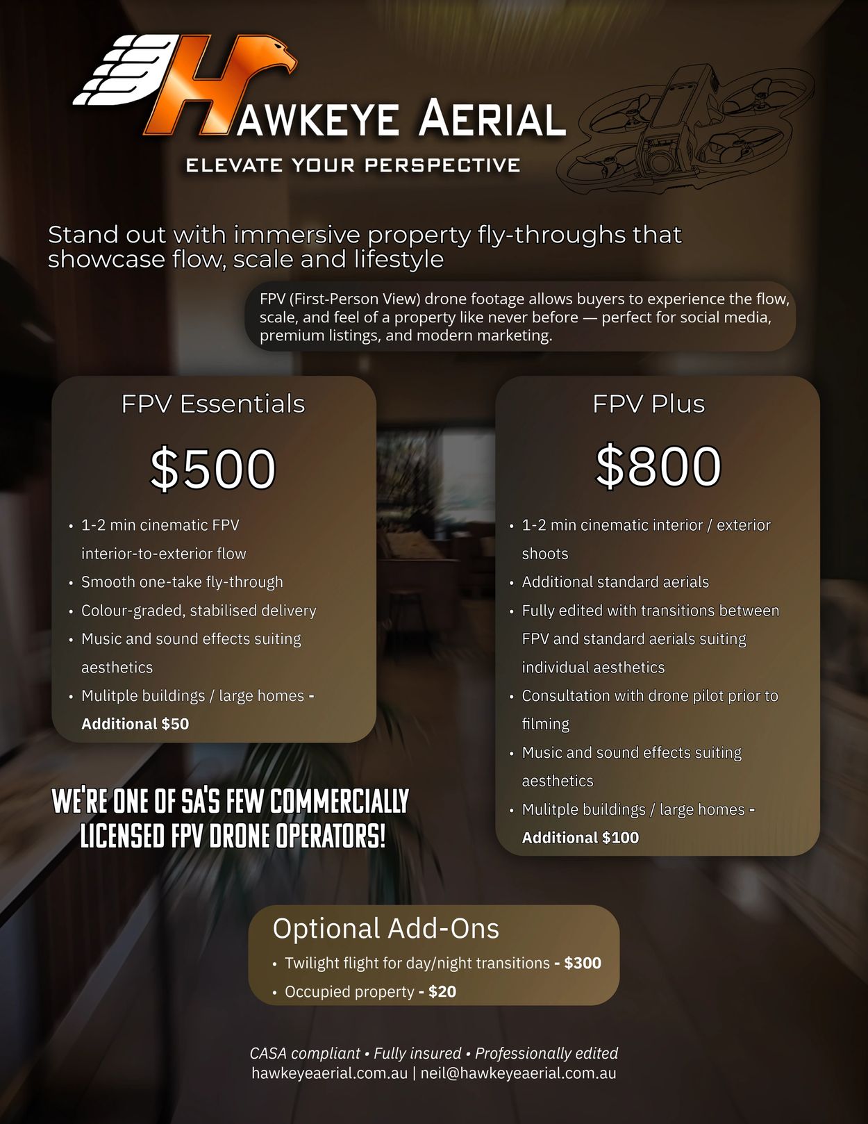 Hawkeye Aerial offers FPV drone footage packages for immersive property fly-throughs showcasing flow, scale, and lifestyle.