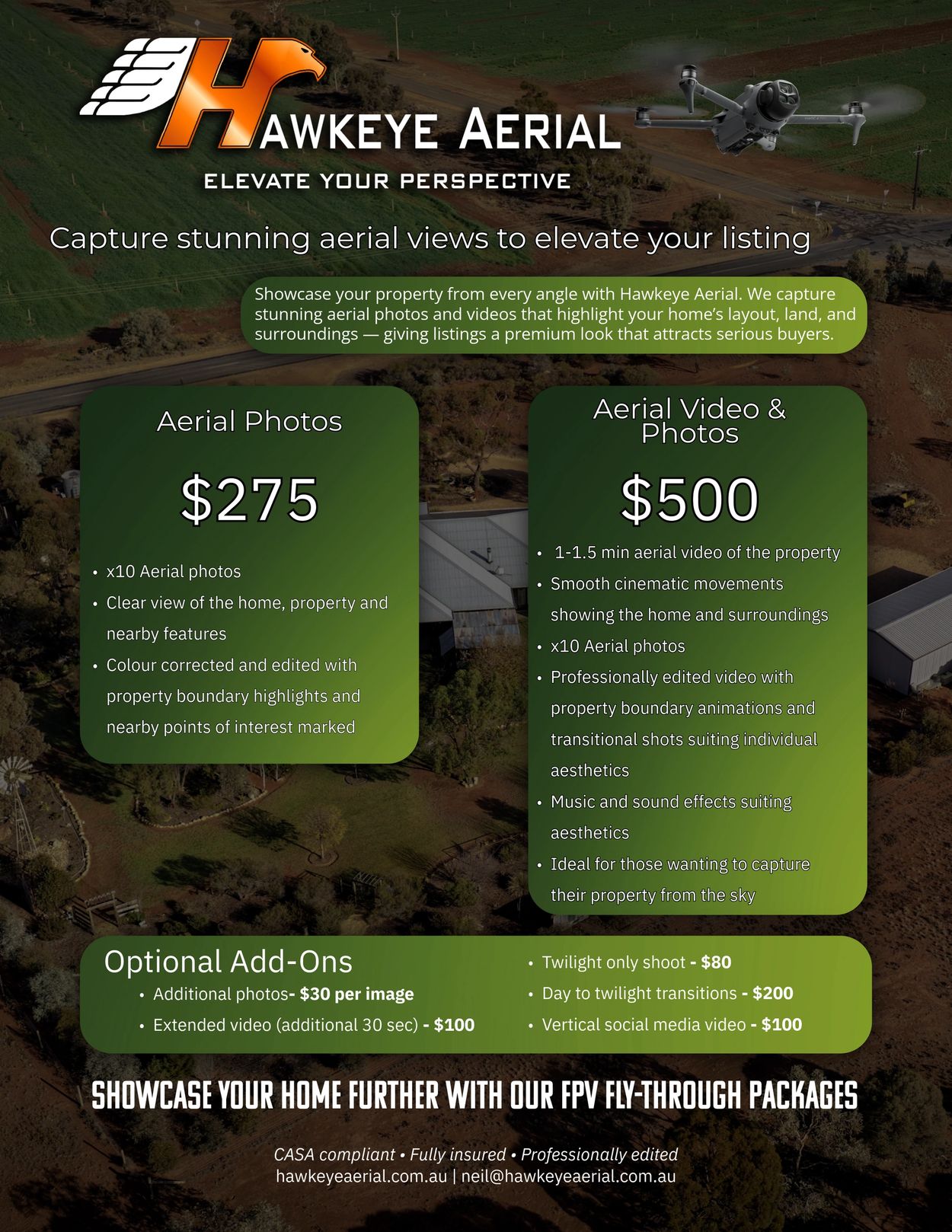 Hawkeye Aerial offers aerial photography and video packages to showcase your property with professional editing and add-ons.