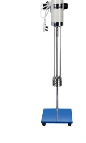 High-speed laboratory homogenizer with stainless steel shaft and blue base.