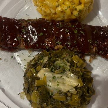 Vegan BBQ Ribs, Collard Greens w/ Cabbage and Macaroni & Cheese