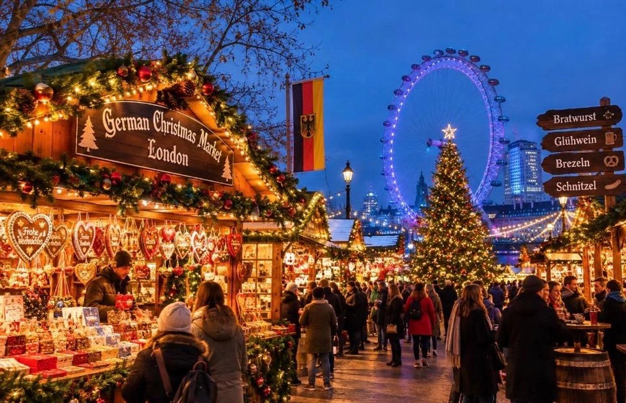Festive German Christmas Market in London at night.