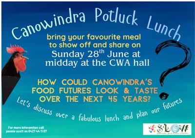 Flyer for Canowindra Potluck Lunch on June 28th at CWA hall.