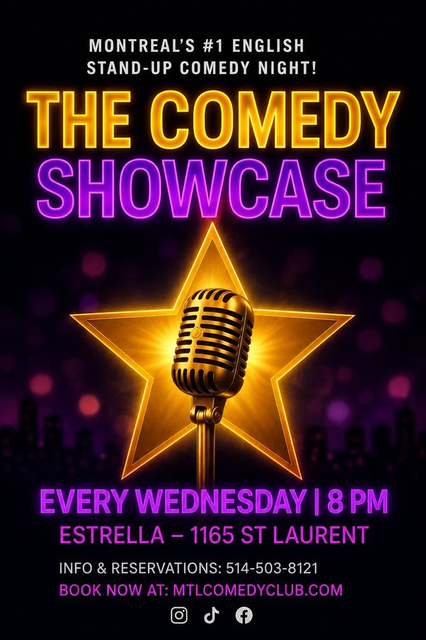 Poster promoting a live stand-up comedy show at MTLCOMEDYCLUB featuring Montreal comedians and speci