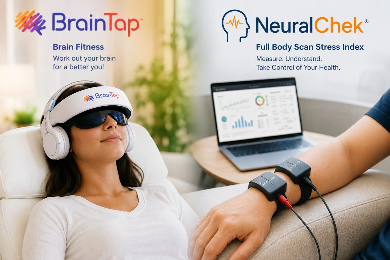 Woman using BrainTap headset with NeuralChek wrist sensors and laptop stress analysis.