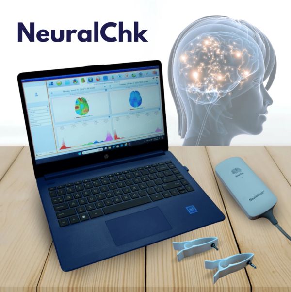 NeuralChk brain activity analysis setup with laptop and sensors.
