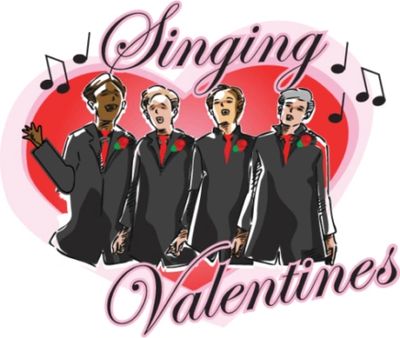 Four men in suits singing with musical notes and a heart background.