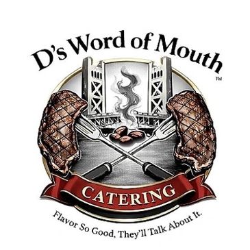 Logo featuring ribs, grill, and text for D's Word of Mouth Catering.