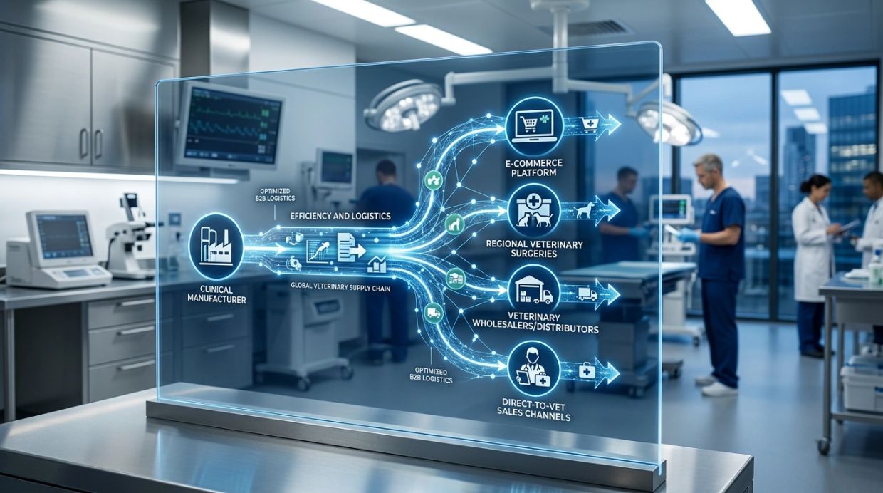 Futuristic veterinary supply chain flowchart in a clinical setting.