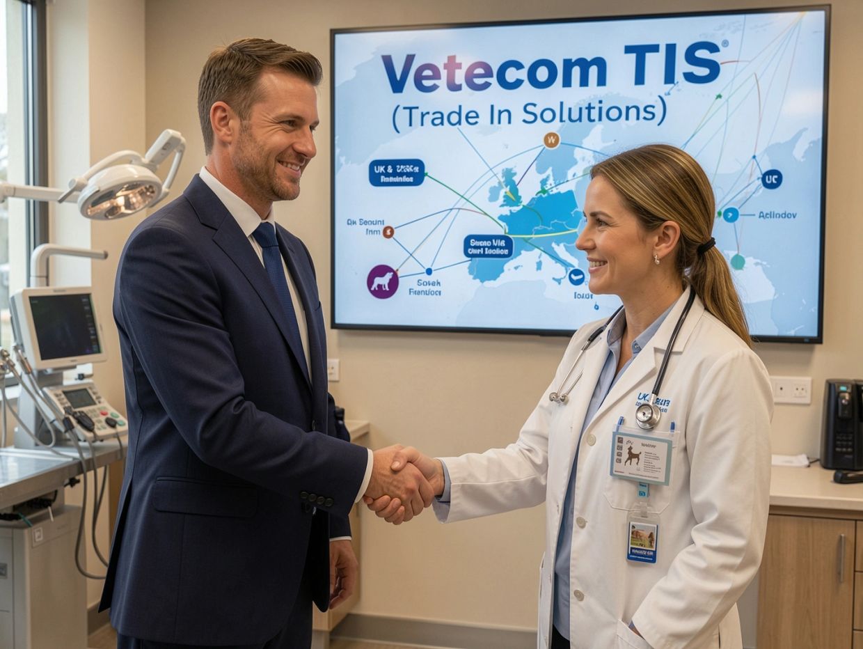 Veterinary equipment manufacturer executive handshaking a female vet surgeon in front of a Vetecom T