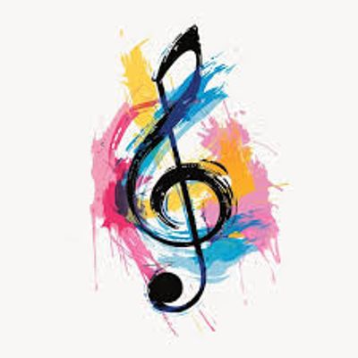 Colorful treble clef with paint splashes in the background.