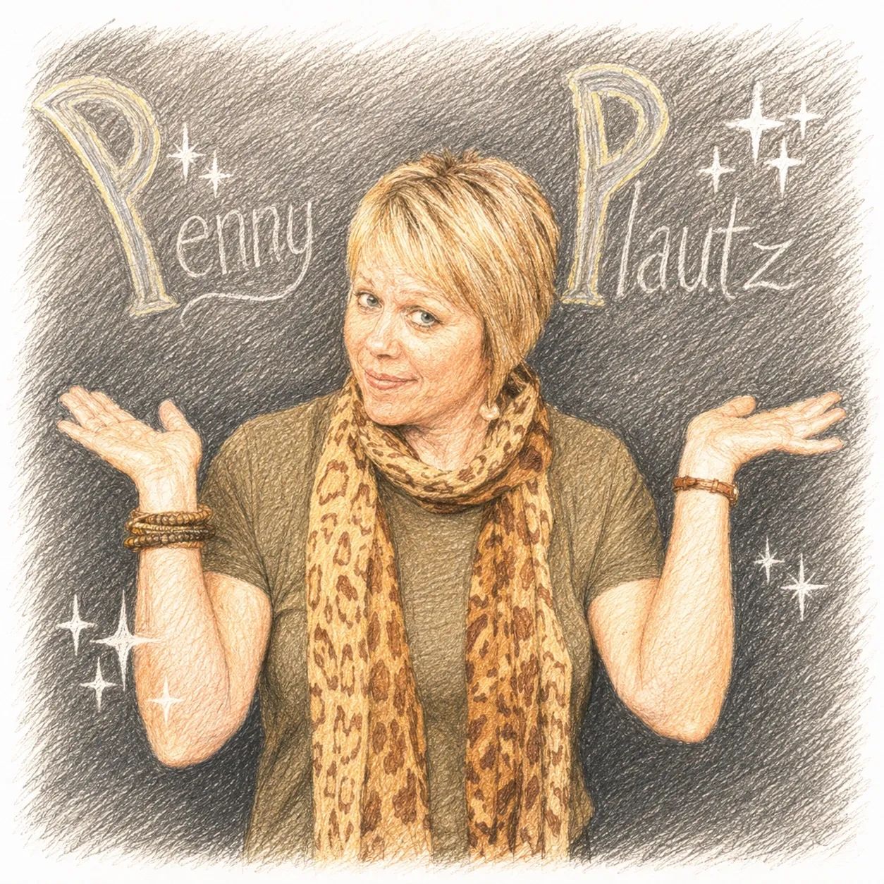 Woman shrugging with text 'Renny Plautz' in the background.