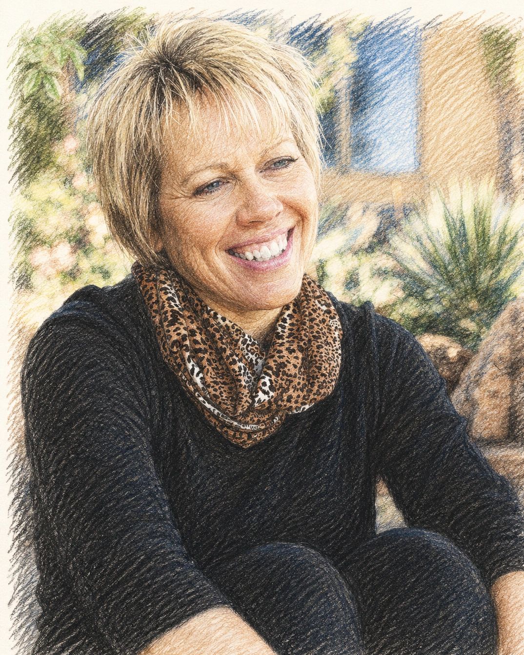 Smiling woman with short blonde hair wearing a leopard print scarf outdoors.