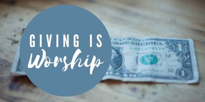 A dollar bill with the phrase 'Giving is Worship' in a blue circle.