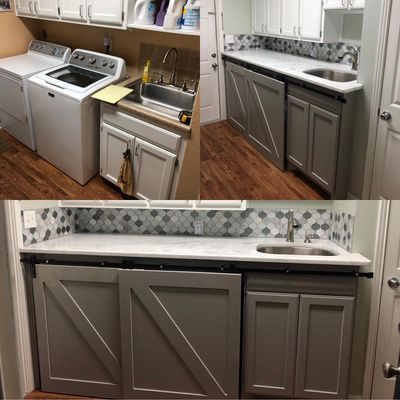 Laundry room remodel, recess dryer vent, new cabinet, new countertop, new backsplash, and doors.