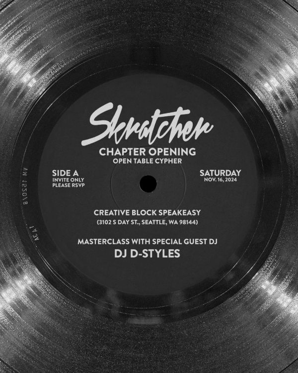 Record label for Skratcher Chapter Opening event in Seattle.