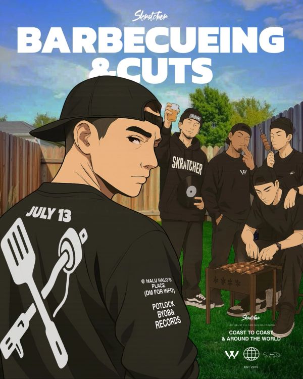 Illustrated barbecue event with young men grilling and socializing outdoors.